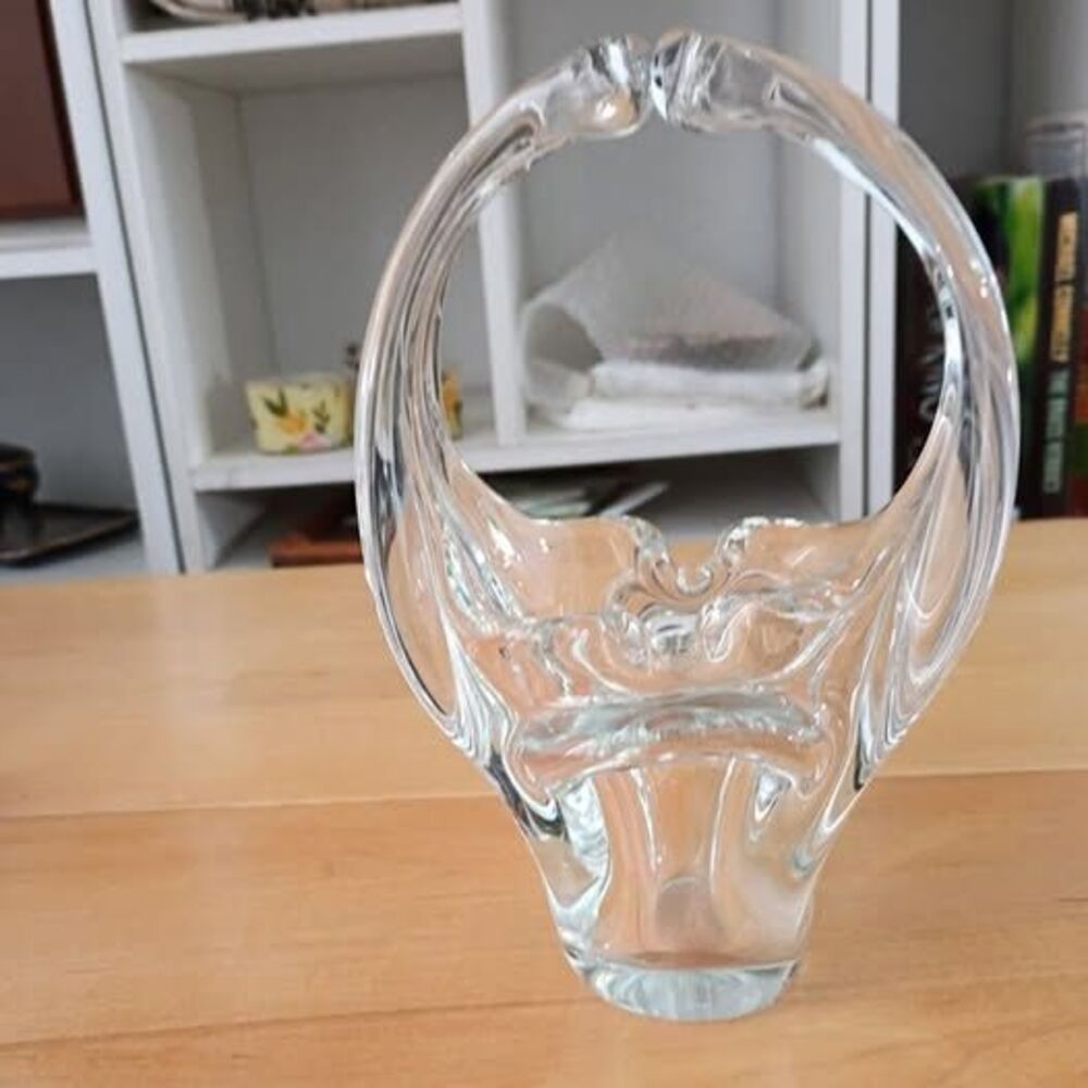 Vintage Murano Hand-blown clear art glass basket ashtray with split handle-MCM